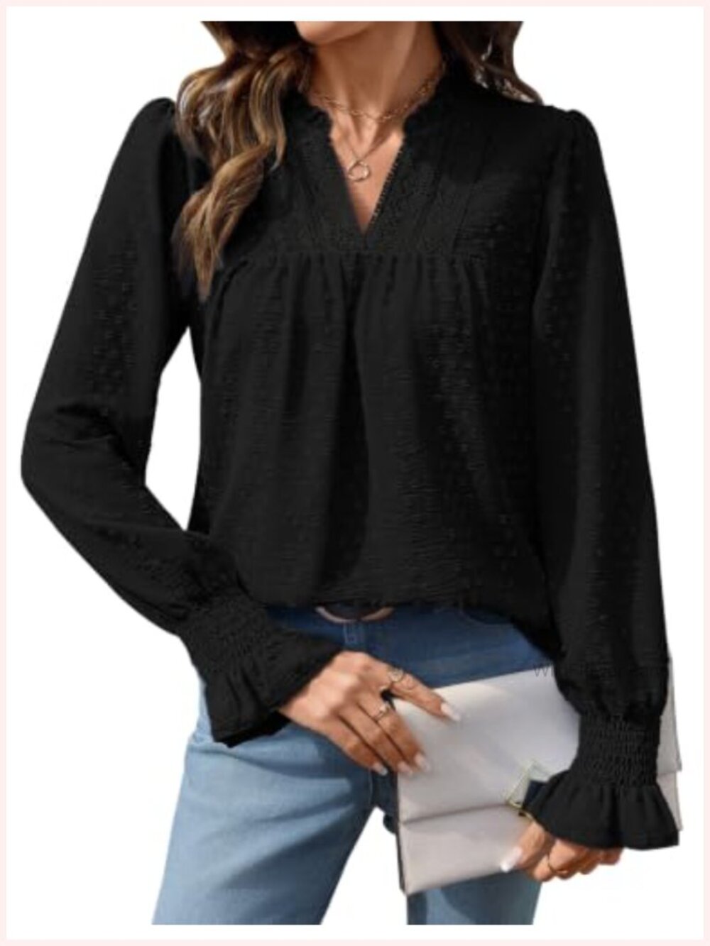 Women's Boho V Neck Lace Trim Swiss Dot Long Sleeve Blouse